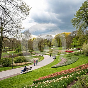 Paths in spring park with fresh greenery