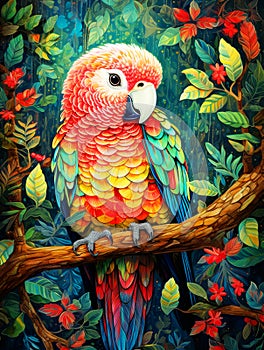 Beautiful parrot on the branch in tropical forest painting.