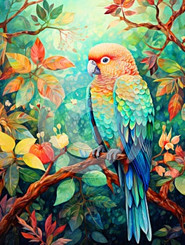 Beautiful parrot on the branch in tropical forest painting.