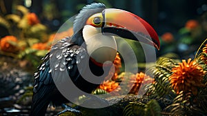 Beautiful parrot with a large beak in a tropical jungle