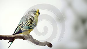 Beautiful parrot perched on branch against white background. Exotic pet.