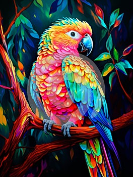 Beautiful parrot on a tree branch with flowers in jungle illustration