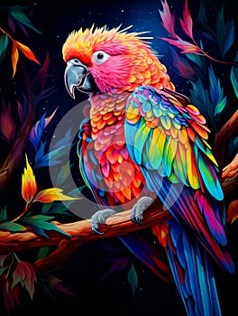 Beautiful parrot on a tree branch with flowers in jungle illustration