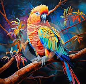 Beautiful parrot on a tree branch with flowers in jungle illustration