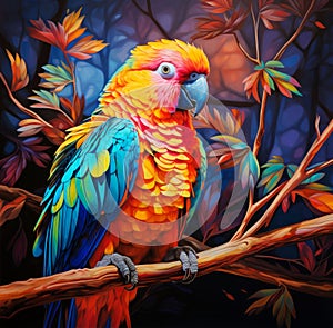 Beautiful parrot on a tree branch with flowers in jungle illustration