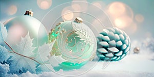 Beautiful pastel Christmas baubles with pine cone and delicate white leaves in the foreground. Generative AI