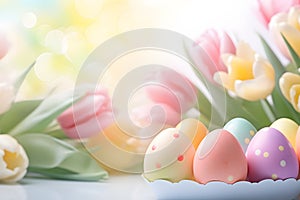 Beautiful pastel colored easter eggs with dots with tulip spring flowers
