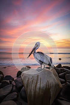 Beautiful pastel skies and serene lake with a single Australian pelican