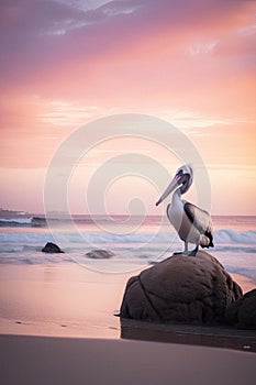 Beautiful pastel skies and serene lake with a single Australian pelican