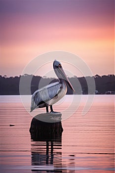 Beautiful pastel skies and serene lake with a single Australian pelican