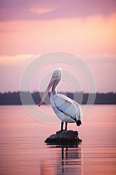 Beautiful pastel skies and serene lake with a single Australian pelican