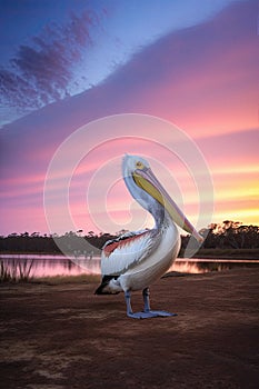 Beautiful pastel skies and serene lake with a single Australian pelican