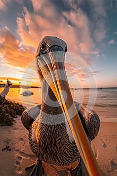 Beautiful pastel skies and serene lake with a single Australian pelican