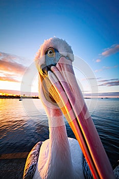 Beautiful pastel skies and serene lake with a single Australian pelican