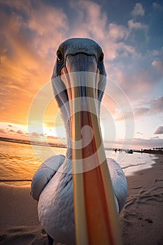 Beautiful pastel skies and serene lake with a single Australian pelican