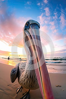 Beautiful pastel skies and serene lake with a single Australian pelican