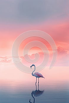 Beautiful pastel skies and serene lake with a single flamingo