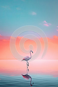 Beautiful pastel skies and serene lake with a single flamingo