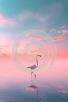 Beautiful pastel skies and serene lake with a single flamingo