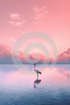 Beautiful pastel skies and serene lake with a single flamingo