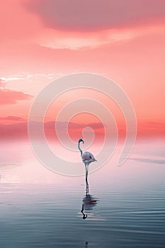 Beautiful pastel skies and serene lake with a single flamingo