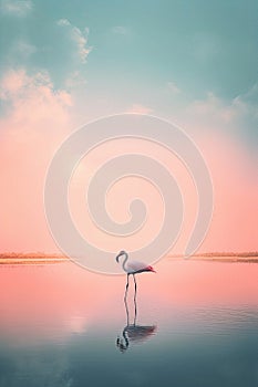 Beautiful pastel skies and serene lake with a single flamingo