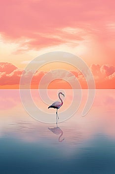 Beautiful pastel skies and serene lake with a single flamingo