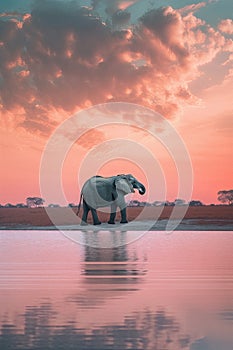 Beautiful pastel skies with a wild elephant in Africa