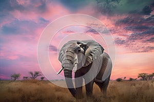 Beautiful pastel skies with a wild elephant in Africa