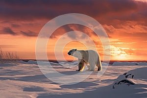 Beautiful pastel sunset scene with a polar bear and snow