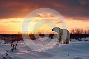 Beautiful pastel sunset scene with a polar bear and snow