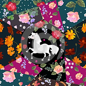 Beautiful patchwork pattern with horse and flowers