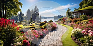 Beautiful path in upscale home garden in summer, panorama of landscaped house backyard. Scenery of pathway, flowers, lake and