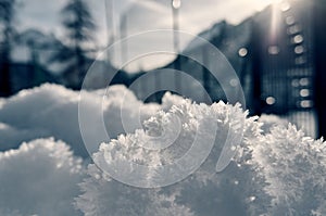 Beautiful pattern of crystals of snow and ice in the sun, winter