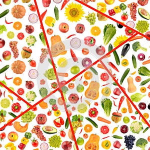 Beautiful pattern multi-colored fruits, vegetables and berries separated by red lines