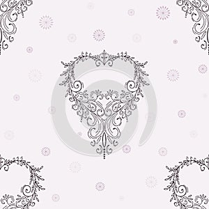 Beautiful pattern openwork vector heart with curls and small flowers. Decorative seamless pattern