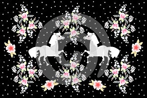 Beautiful pattern in russian style with horses and bouquets of flowers