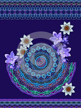 Beautiful pattern with seashell from mandalas and flowers. Panno. Print for card, cover photo