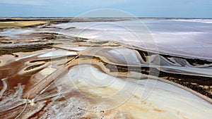 Aerial view of Lake Tyrrell, is a shallow, salt-crusted depression in the Mallee district of north-west Victoria, Australia.