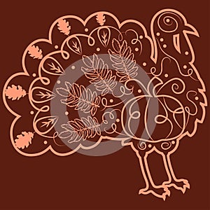 Beautiful patterns of leaves, branches and pumpkin on a dark background, silhouette of a turkey for Thanksgiving Day