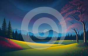 Beautiful and Peaceful Nature Scenery Illustration at Night, Landscape, Meadow, Countryside, Tranquil and Vibrant. AI Generated