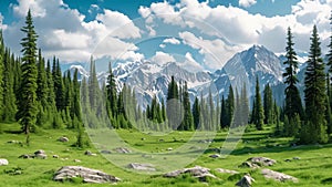 A beautiful, peaceful scene of a grassy field with trees and majestic mountains in the background, A Broad alpine meadow with