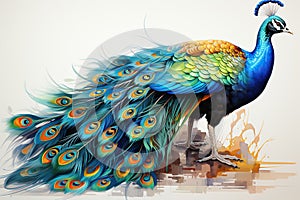 Beautiful peacock with colorful feathers on a white background. Watercolor painting generative AI Generative AI