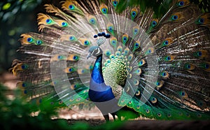 A beautiful peacock dancing with feathers out with blurred green tree background, generative AI