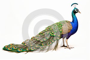 Beautiful peacock displaying vibrant plumage, isolated on white backdrop. Concept of animal elegance, bird showcasing
