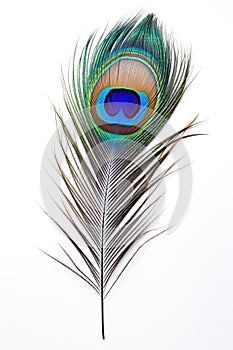 Beautiful peacock feather isolated on white background