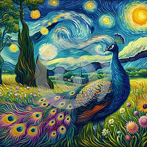 A beautiful peacock in the middle of whimsical meadow, in van gogh painting art, flowers, blue sky