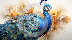 Beautiful peacock with vibrant tail feathers. Concept of ornithology, bird elegance, feather patterns, and avian beauty