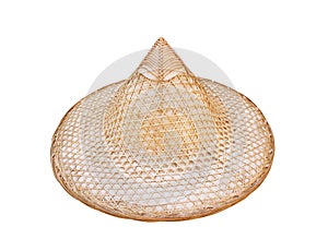 Beautiful peasant hat made from woven bamboo isolated on white background , crafts
