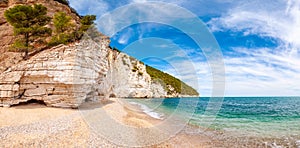 Beautiful pebble beach surrounded by high massive white limestone rocky cliffs eroded by Adriatic sea waves and wind. Green Aleppo